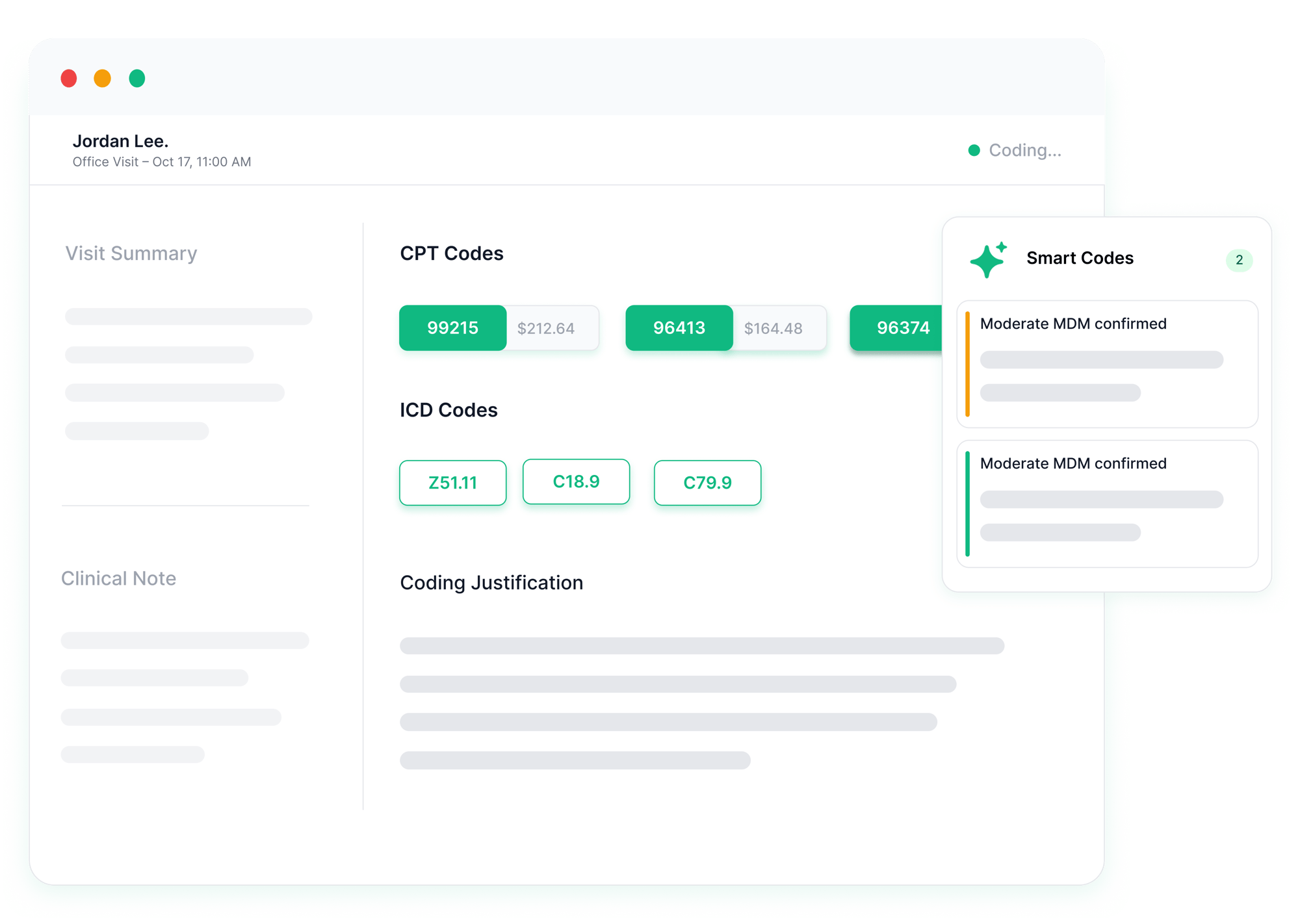Screenshot of Codematic showing real-time AI medical coding with automated accuracy and compliance checks